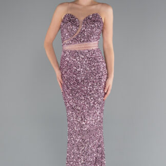 Pudra Straplez Uzun Pullu Abiye Elbise ABU5014