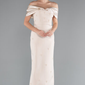 Gold Kayık Yaka Taşlı Midi Davet Elbisesi ABK2212