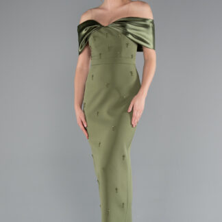 Haki Kayık Yaka Taşlı Midi Büyük Beden Davet Elbisesi ABK2379