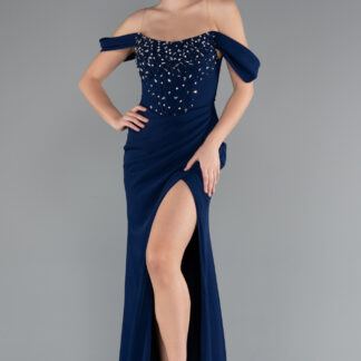 Lacivert Taşlı Kayık Yaka Balen Korse Detay Yırtmaçlı Uzun Abiye ABU5016