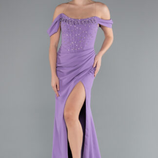 Leylak Taşlı Kayık Yaka Yırtmaçlı Uzun Abiye ABU5176