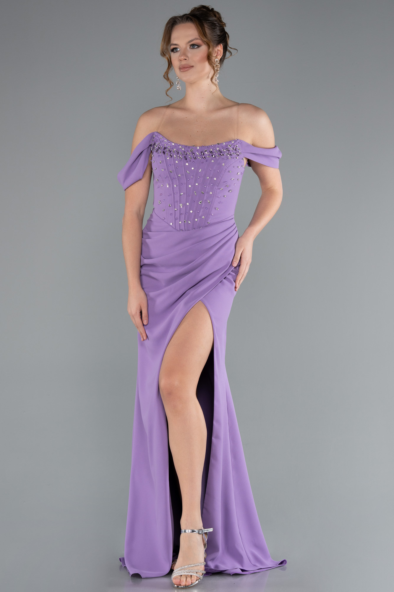 Leylak Taşlı Kayık Yaka Yırtmaçlı Uzun Abiye ABU5176