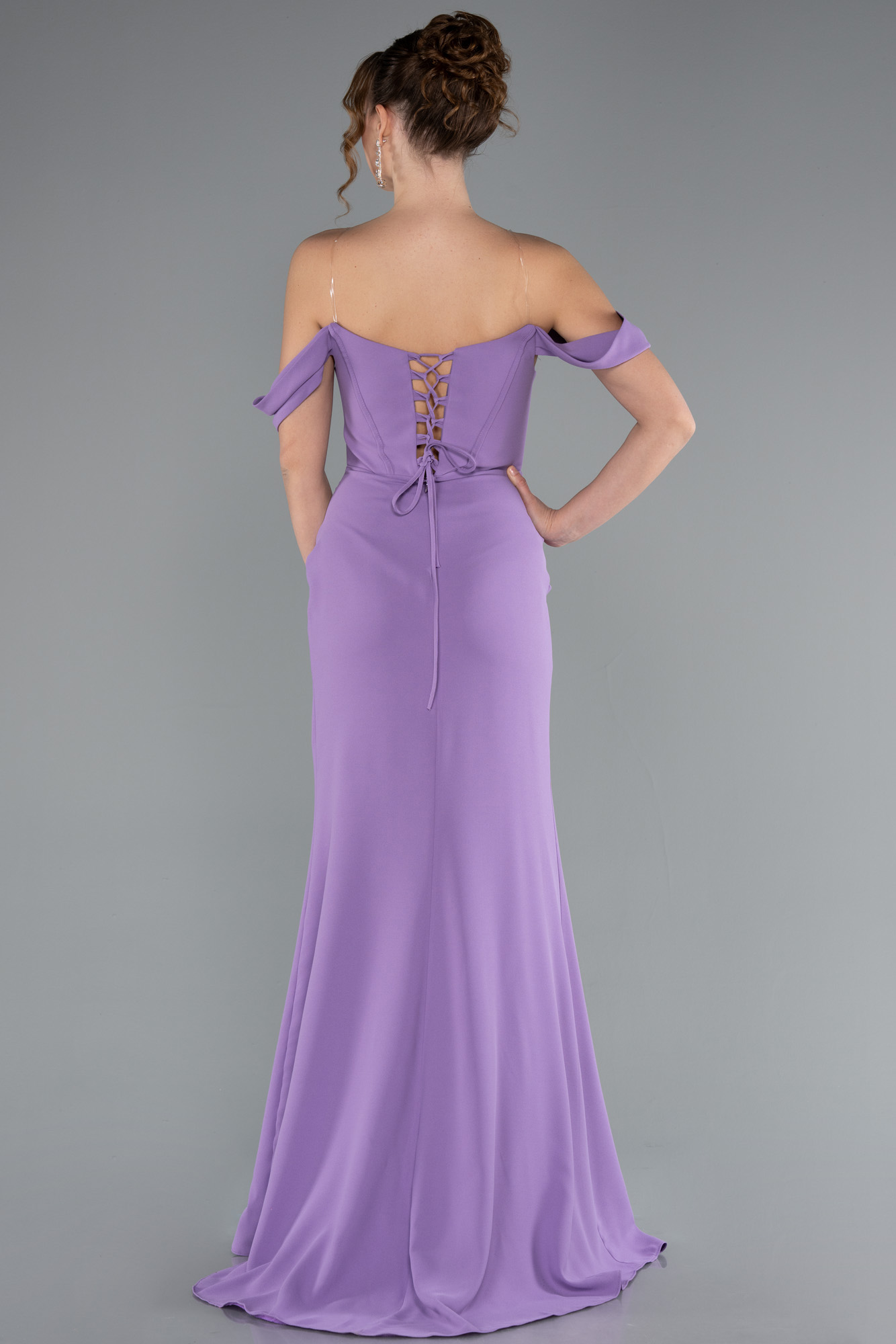 Leylak Taşlı Kayık Yaka Yırtmaçlı Uzun Abiye ABU5176 - Görsel 2