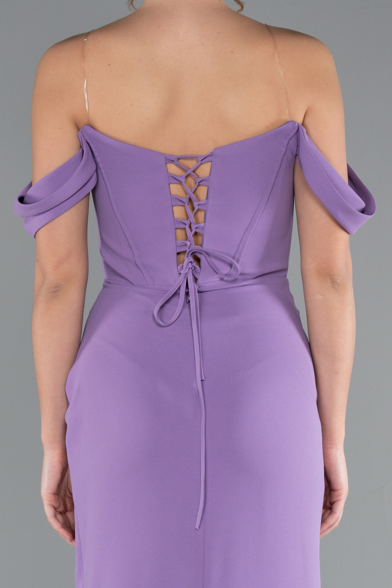 Leylak Taşlı Kayık Yaka Yırtmaçlı Uzun Abiye ABU5176 - Görsel 4