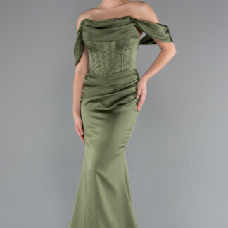 Haki Kayık Yaka Taşlı Balen Korse Detay Uzun Saten Abiye ABU5017