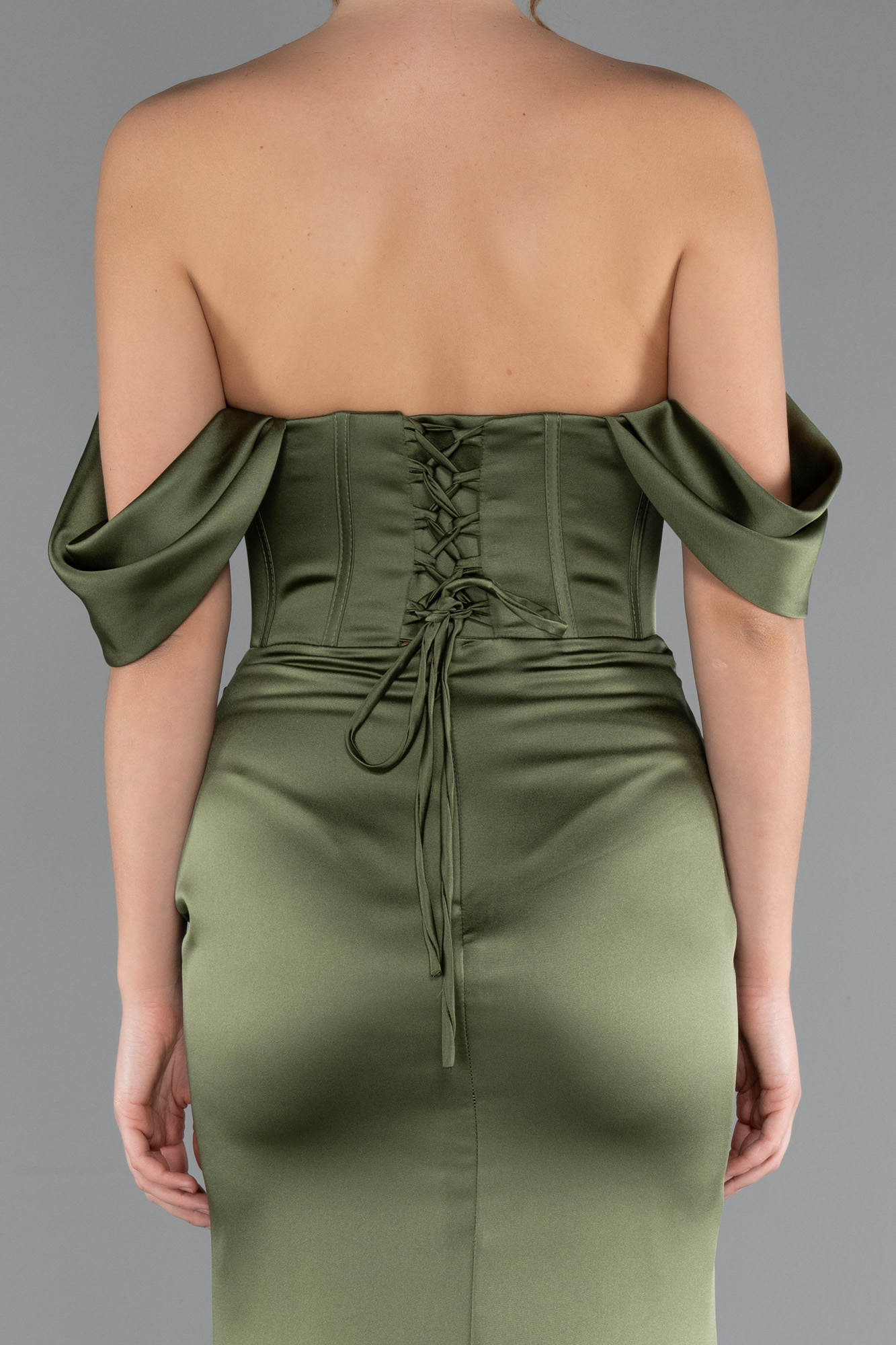 Haki Kayık Yaka Taşlı Balen Korse Detay Uzun Saten Abiye ABU5017 - Görsel 4