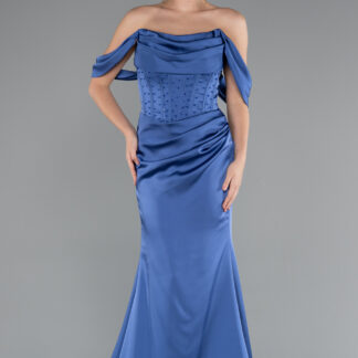 İndigo Kayık Yaka Taşlı Balen Korse Detay Uzun Saten Abiye ABU5017