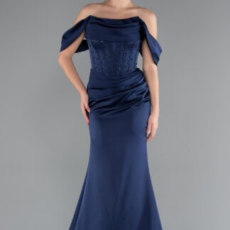 Lacivert Kayık Yaka Taşlı Balen Korse Detay Uzun Saten Abiye ABU5017