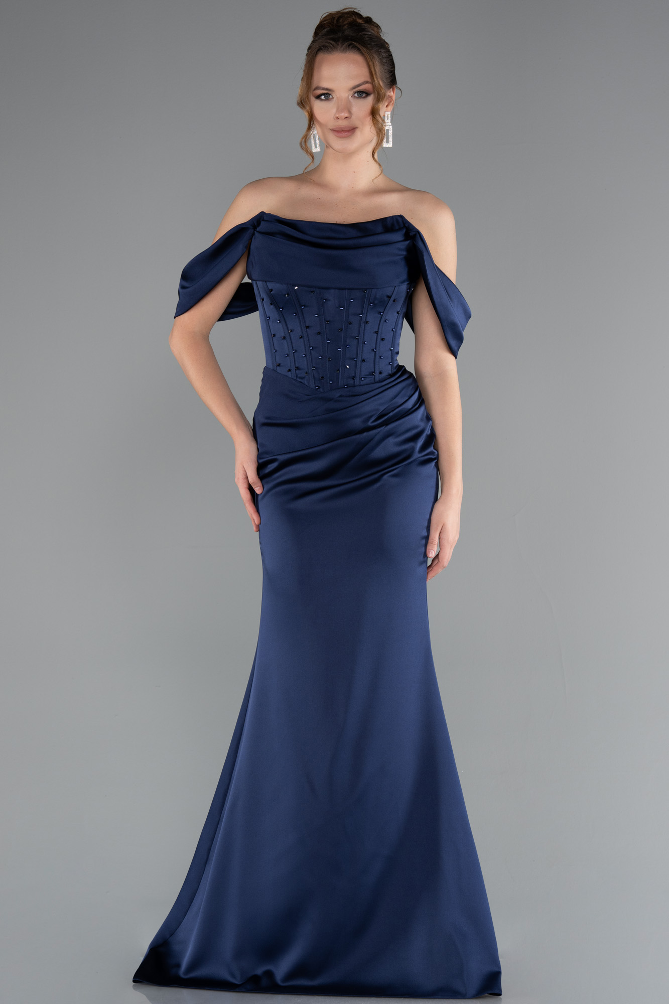 Lacivert Kayık Yaka Taşlı Balen Korse Detay Uzun Saten Abiye ABU5017