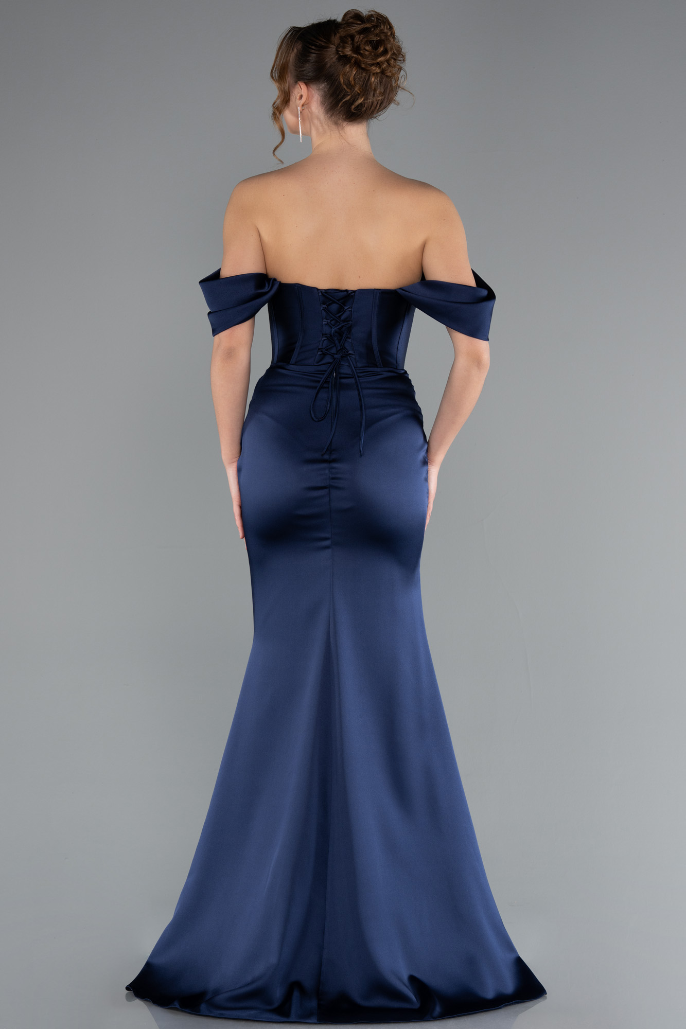 Lacivert Kayık Yaka Taşlı Balen Korse Detay Uzun Saten Abiye ABU5017 - Görsel 2