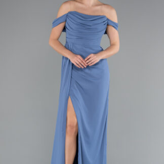 İndigo Kayık Yaka Yırtmaçlı Uzun Şifon Abiye Elbise ABU4925