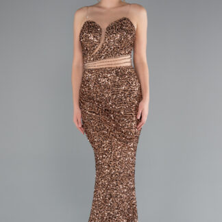 Bakır Straplez Uzun Pullu Abiye Elbise ABU5014