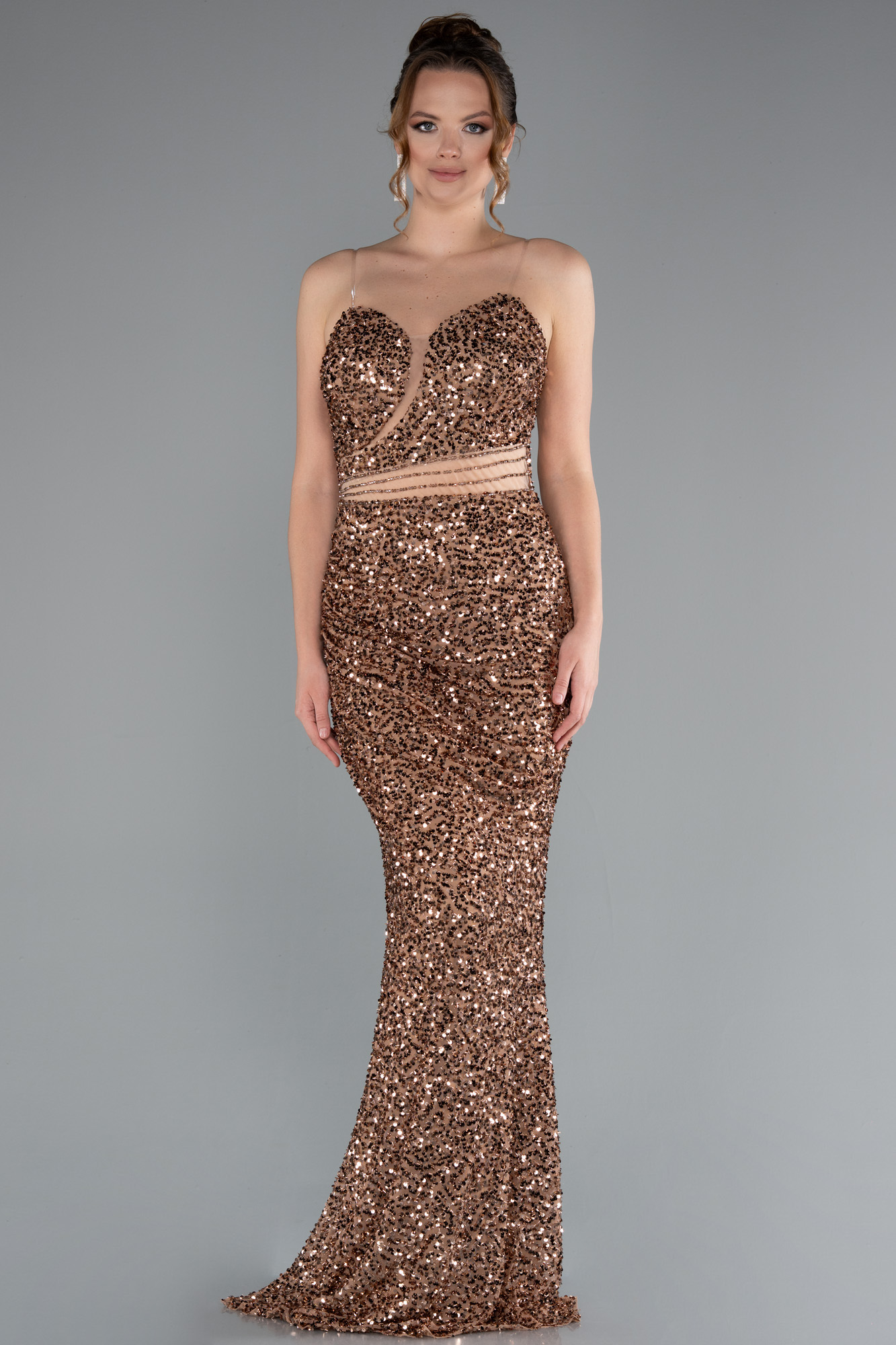 Bakır Straplez Uzun Pullu Abiye Elbise ABU5014