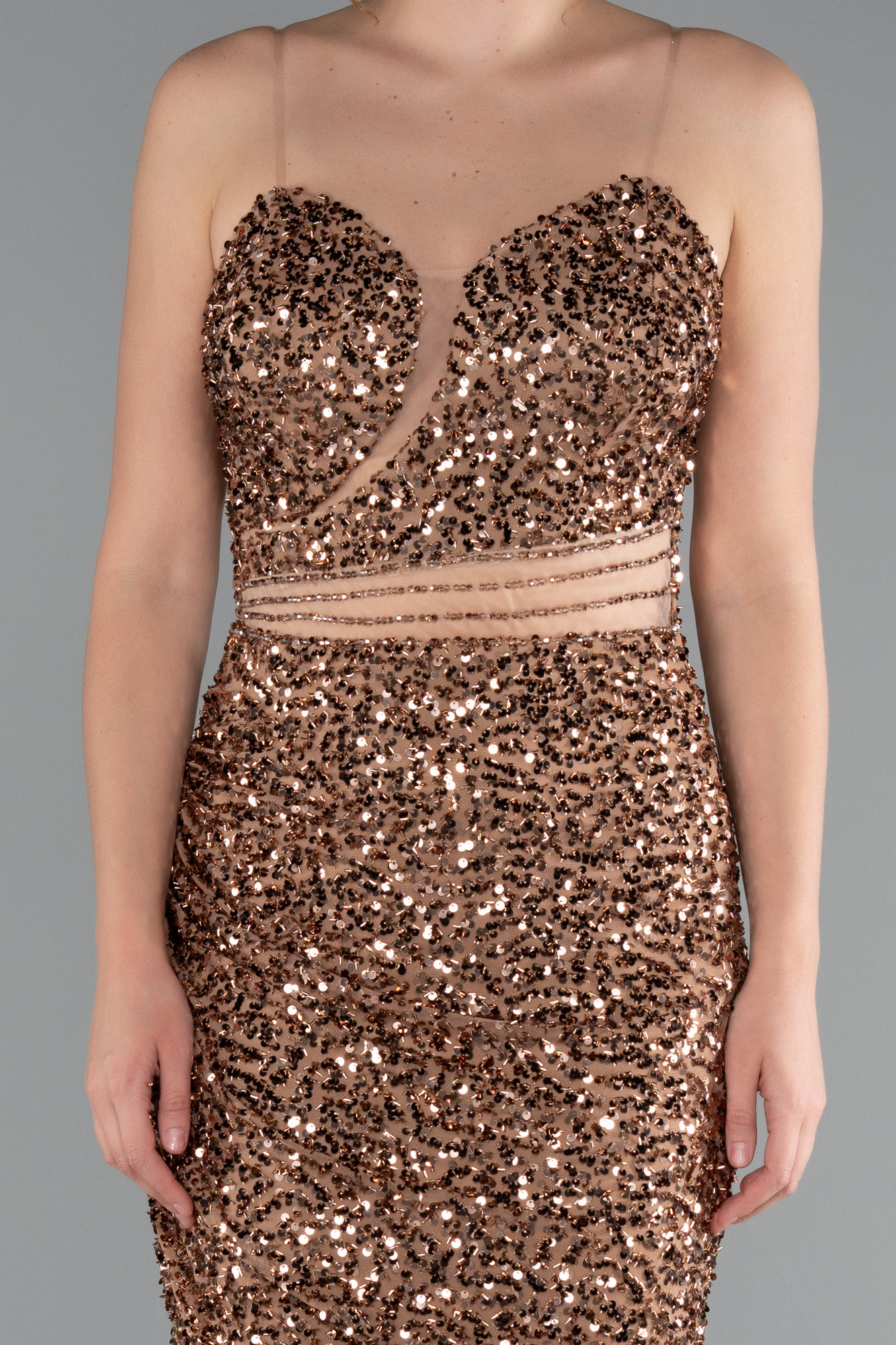 Bakır Straplez Uzun Pullu Abiye Elbise ABU5014 - Görsel 3