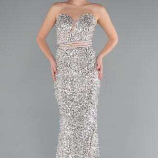 Bej Straplez Uzun Pullu Abiye Elbise ABU5014