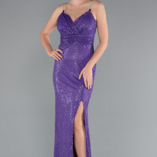 Mor Sırt Ve Bacak Dekolteli Uzun Pul Payet Abiye ABU3768