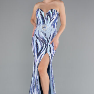 Mavi Straplez Bacak Dekolteli Uzun Pul Payet Abiye ABU5024