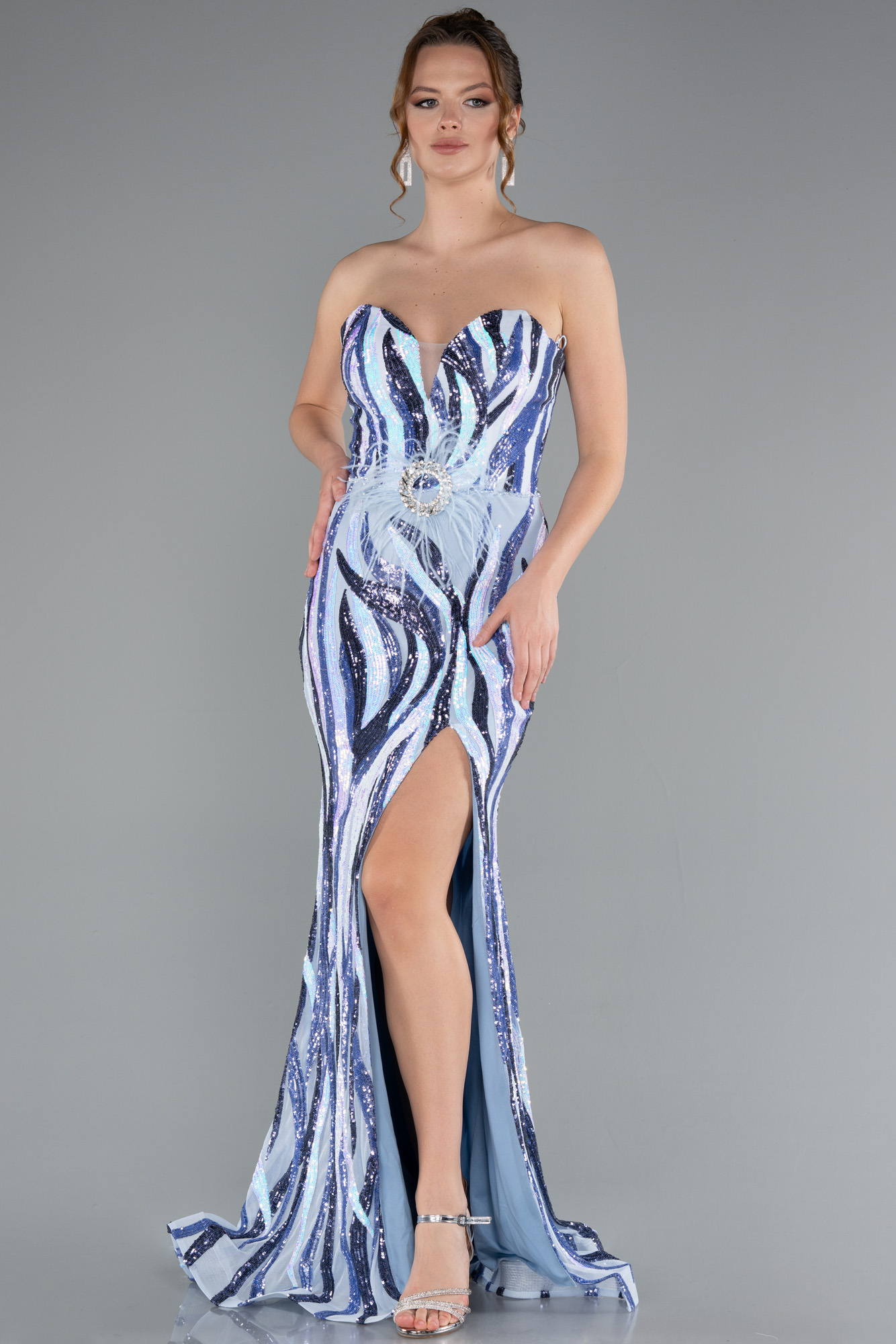 Mavi Straplez Bacak Dekolteli Uzun Pul Payet Abiye ABU5024