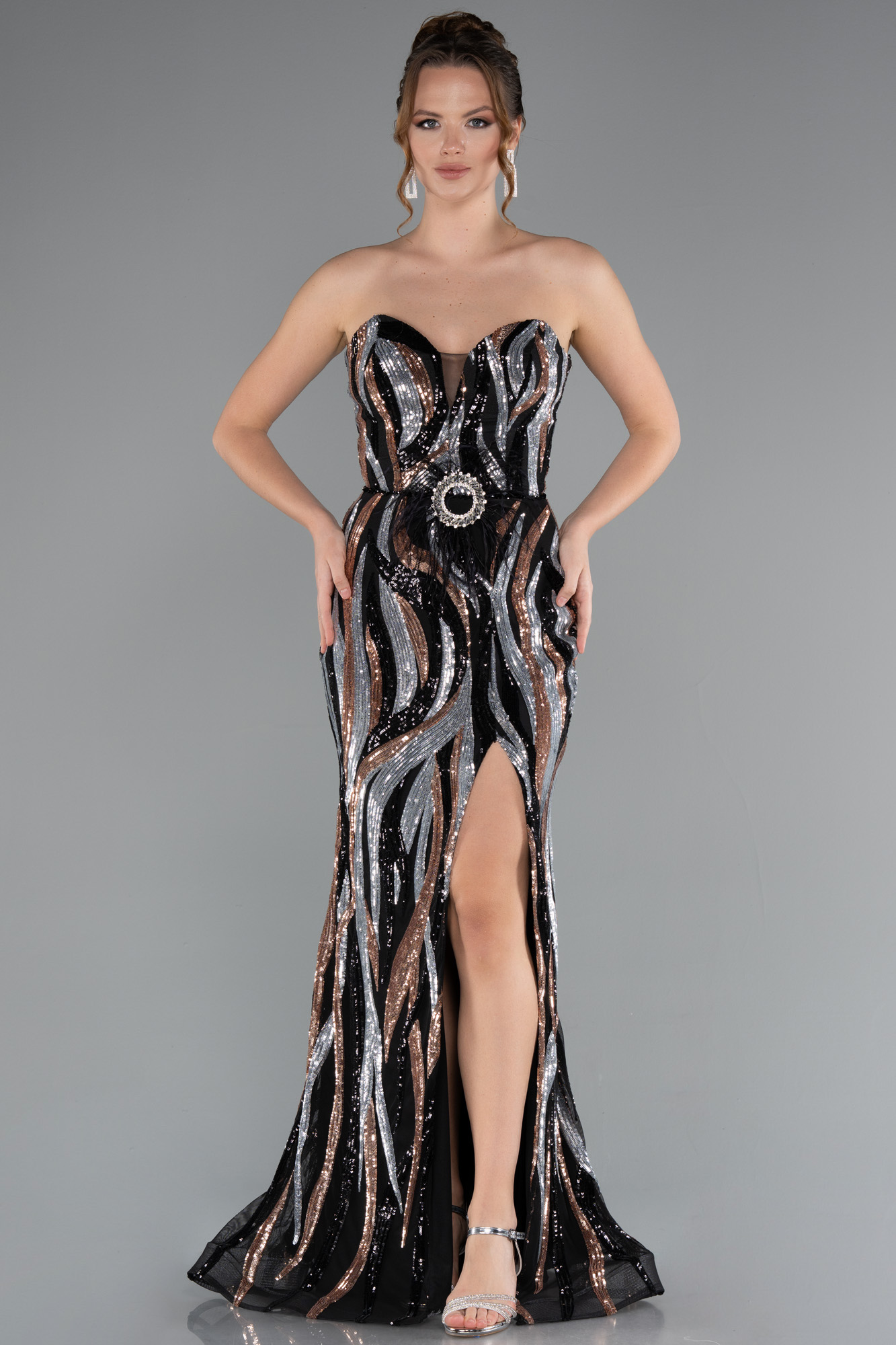 Mavi Straplez Bacak Dekolteli Uzun Pul Payet Abiye ABU5024 - Görsel 5