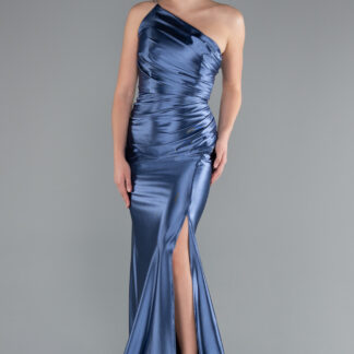 İndigo Tek Omuz Yırtmaçlı Uzun Saten Mezuniyet Elbisesi ABU5022