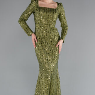 Haki Kare Yaka Uzun Kol Boncuklu Abiye Elbise ABU5021