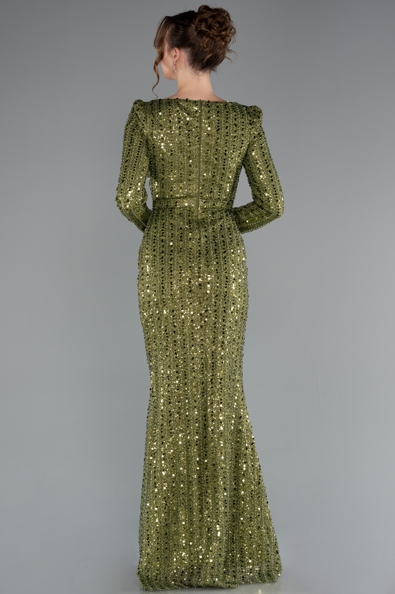 Haki Kare Yaka Uzun Kol Boncuklu Abiye Elbise ABU5021 - Görsel 2