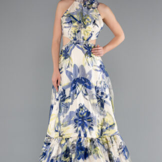 Çok Renkli Halter Yaka Cut Out Uzun Empirme Saten Abiye ABU4686