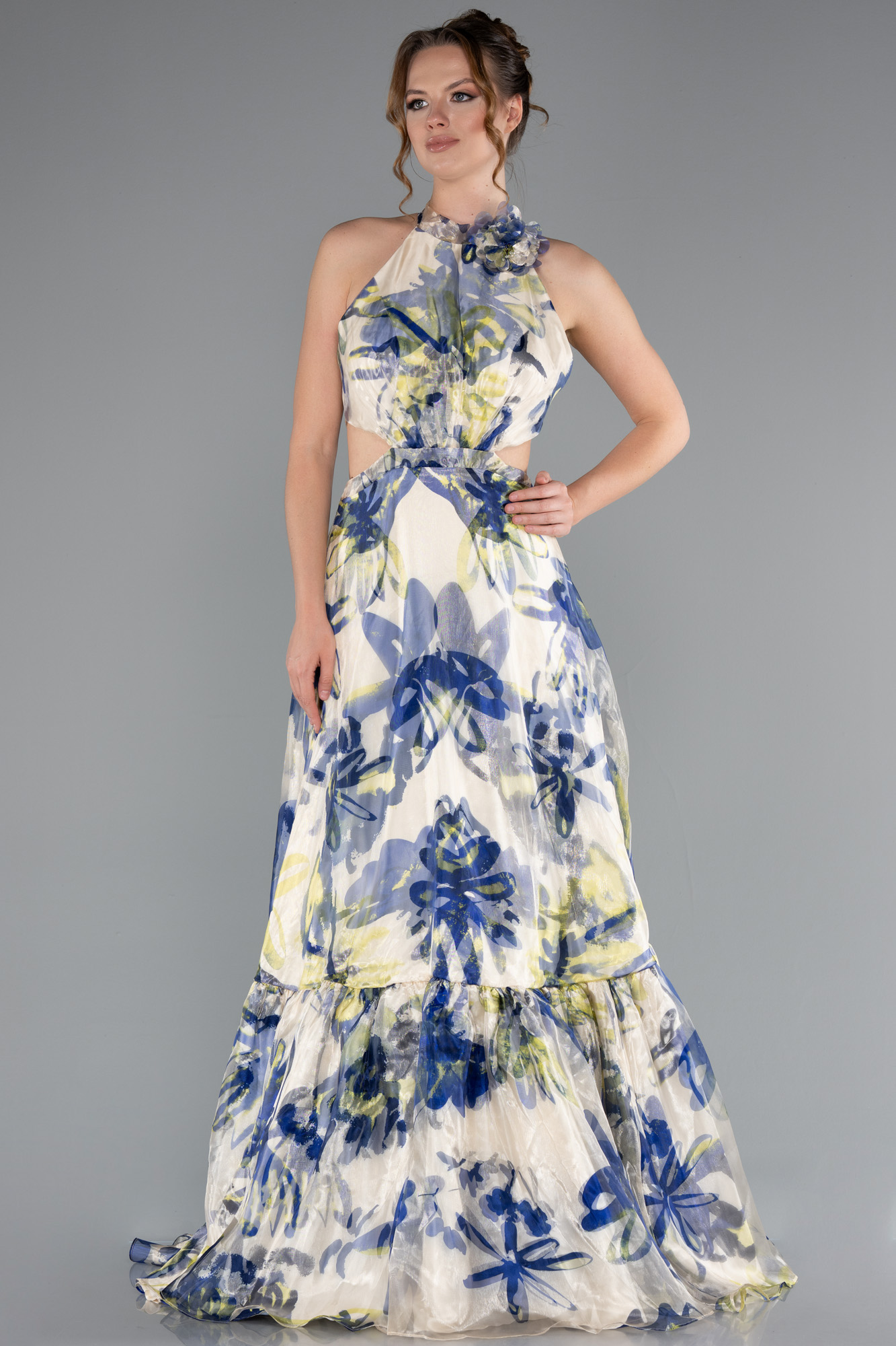 Çok Renkli Halter Yaka Cut Out Uzun Empirme Saten Abiye ABU4686