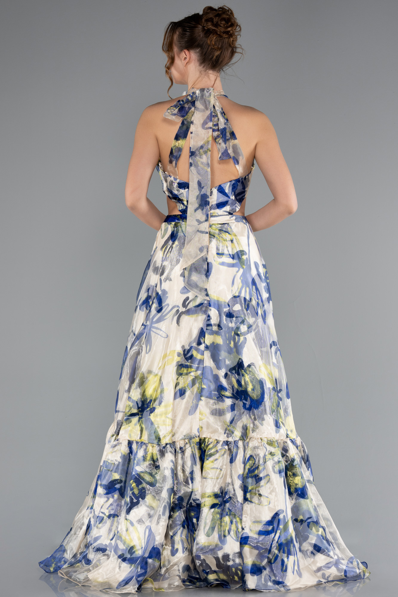 Çok Renkli Halter Yaka Cut Out Uzun Empirme Saten Abiye ABU4686 - Görsel 2