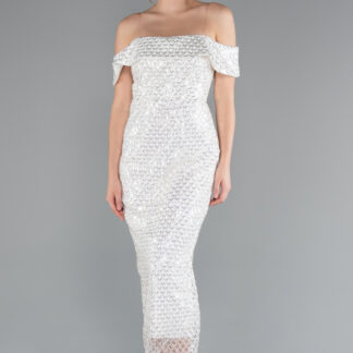 Ekru Kayık Yaka Midi Pullu Davet Elbisesi ABK2364