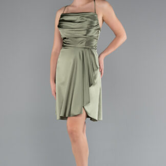 Haki Askılı Asimetrik Etekli Kısa Saten Mezuniyet Elbisesi ABK2366