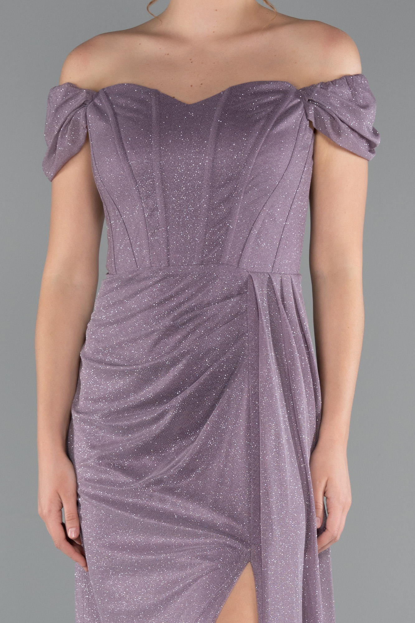 Lavanta Kayık Yaka Balen Korse Uzun Simli Abiye ABU3472 - Görsel 3