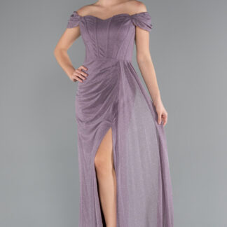 Lavanta Kayık Yaka Balen Korse Uzun Simli Abiye ABU3472