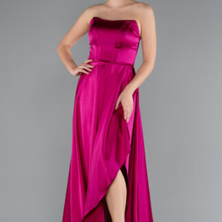 Fuşya Straplez Bacak Dekolteli Uzun Saten Mezuniyet Elbisesi ABU5023
