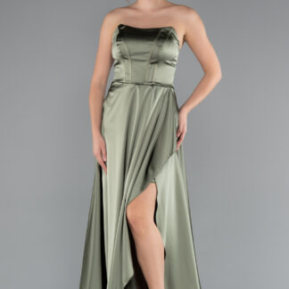 Haki Straplez Bacak Dekolteli Uzun Saten Mezuniyet Elbisesi ABU5023