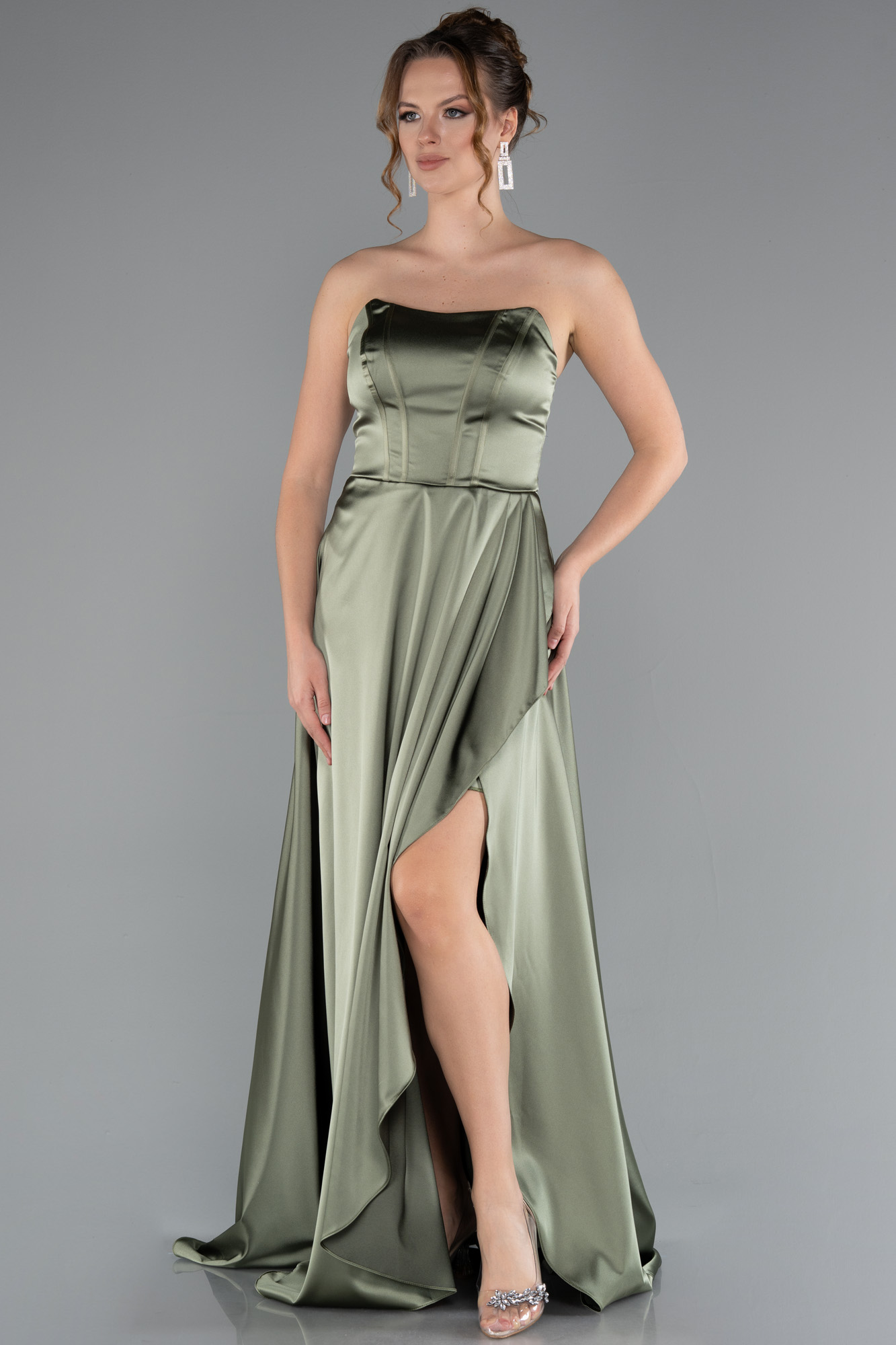 Haki Straplez Bacak Dekolteli Uzun Saten Mezuniyet Elbisesi ABU5023