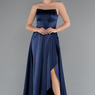 Lacivert Straplez Bacak Dekolteli Uzun Saten Mezuniyet Elbisesi ABU5023