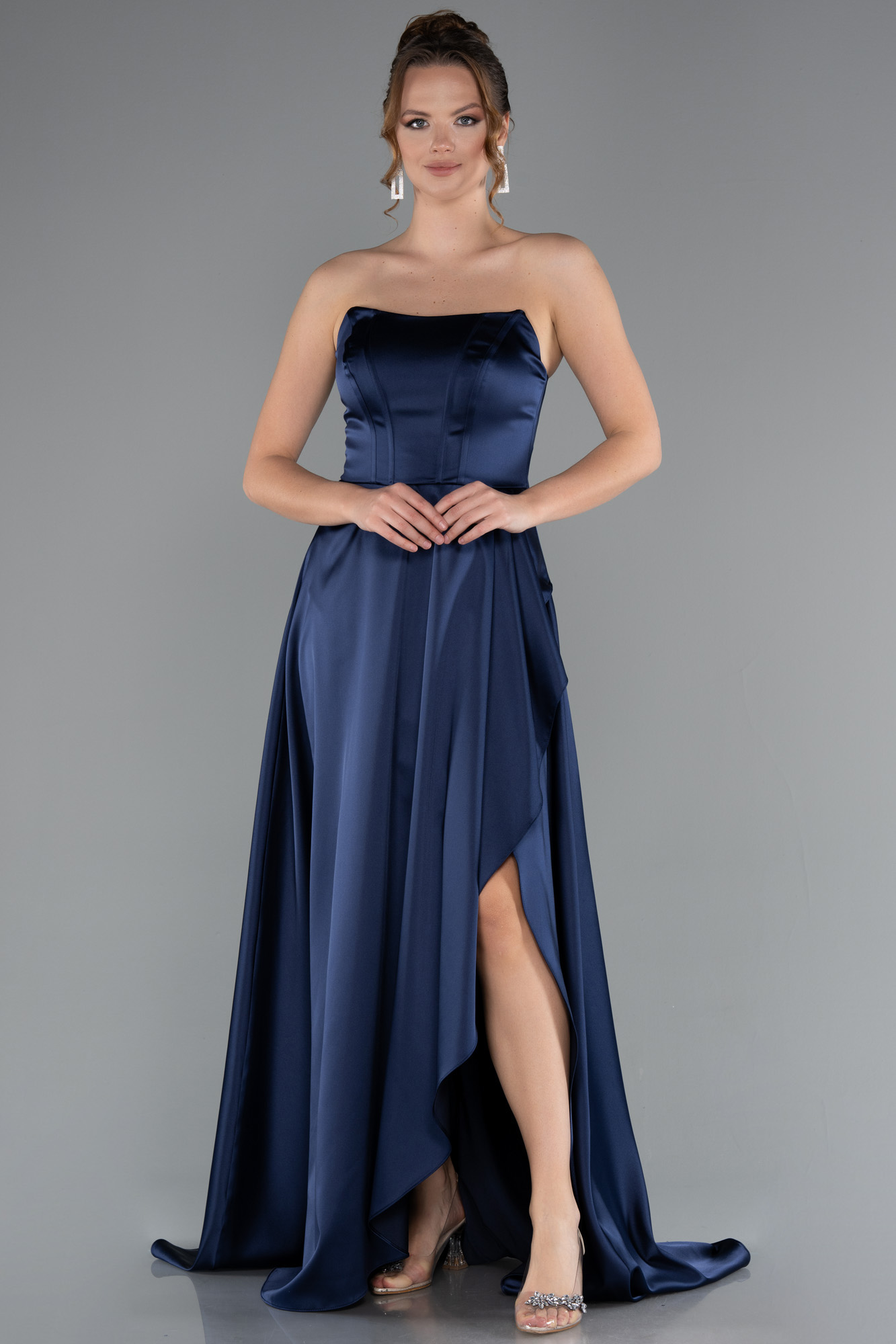 Lacivert Straplez Bacak Dekolteli Uzun Saten Mezuniyet Elbisesi ABU5023
