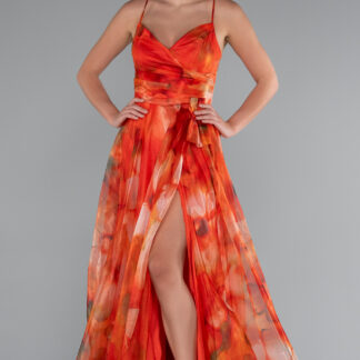 Orange Bacak Dekolteli Uzun Empirme Mezuniyet Elbisesi ABU5053