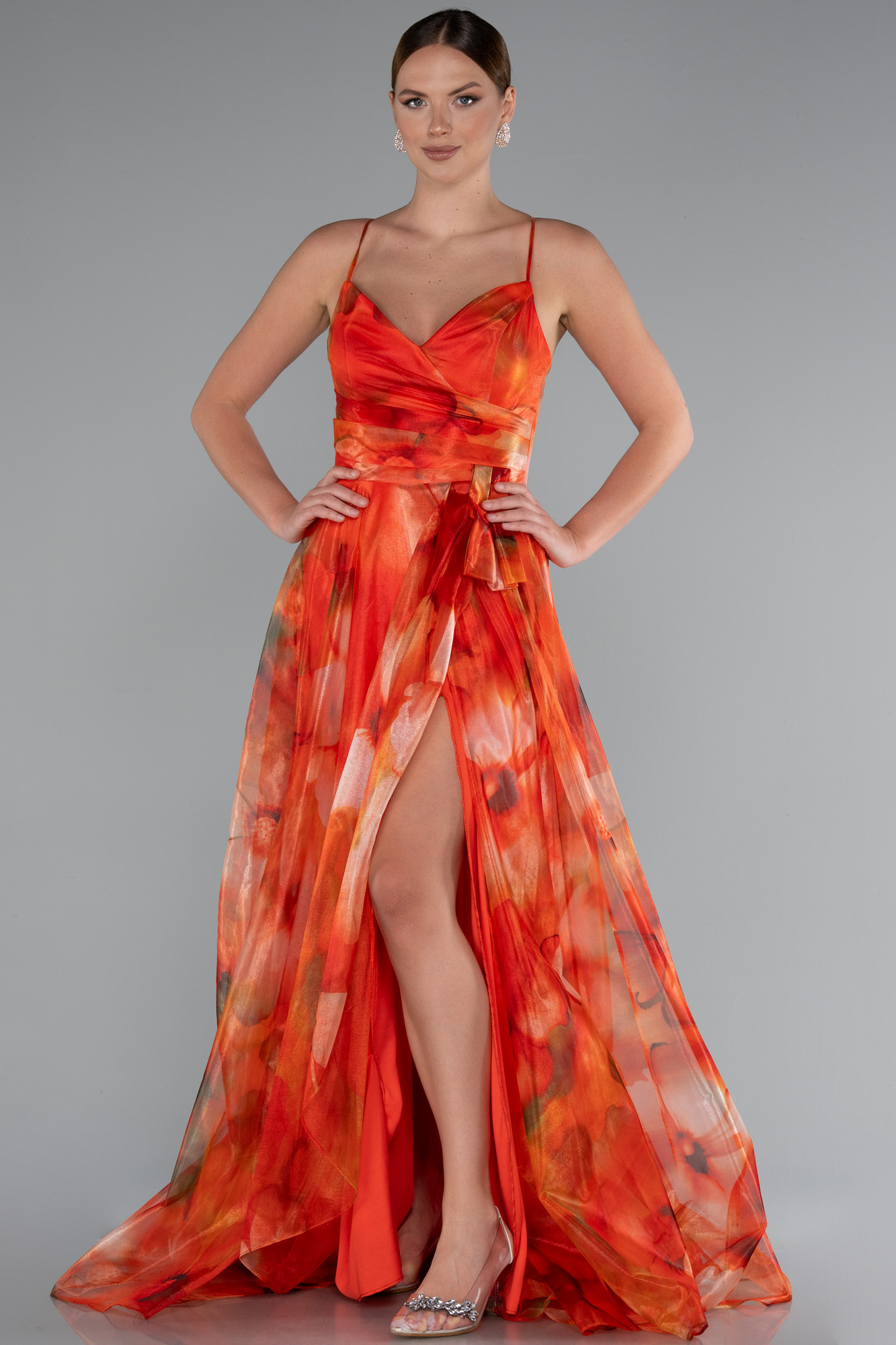 Orange Bacak Dekolteli Uzun Empirme Mezuniyet Elbisesi ABU5053