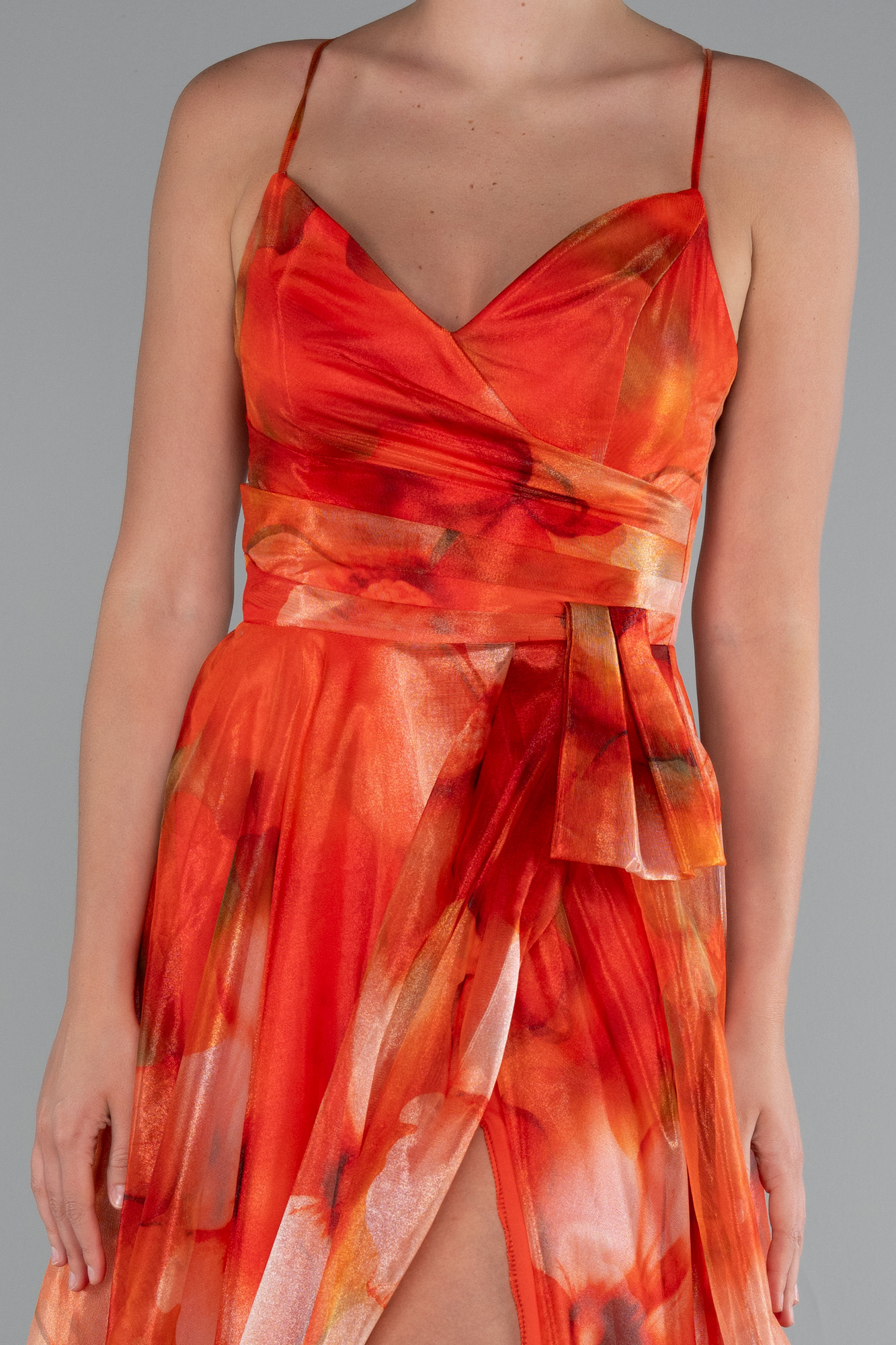 Orange Bacak Dekolteli Uzun Empirme Mezuniyet Elbisesi ABU5053 - Görsel 3