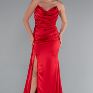 Kırmızı Kedi Kulağı Straplez Yırtmaçlı Uzun Saten Abiye ABU4841