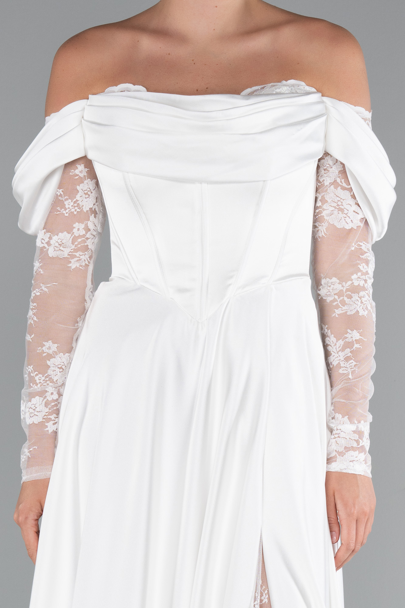 Ekru Dantel Uzun Kol Kayık Yaka Yırtmaçlı Saten Abiye ABU5054 - Görsel 5