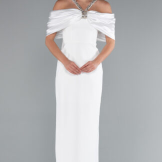 Ekru Taş Detay Saten Kayık Yaka Uzun Abiye ABU5073