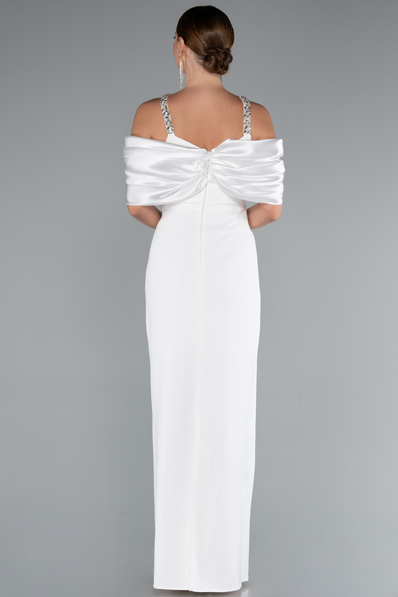 Ekru Taş Detay Saten Kayık Yaka Uzun Abiye ABU5073 - Görsel 2