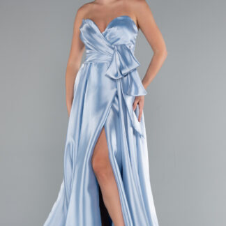 Buz Mavisi Straplez Yırtmaçlı Uzun Saten Abiye Elbise ABU3674