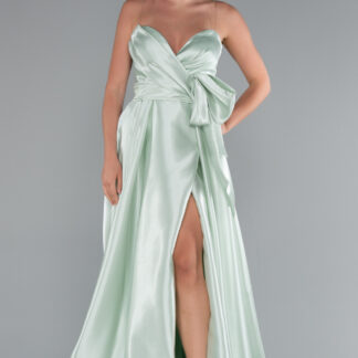Mint Straplez Bacak Dekolteli Uzun Saten Abiye Elbise ABU3674