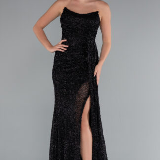 Siyah Straplez Yırtmaçlı Uzun Boncuklu Abiye ABU5062