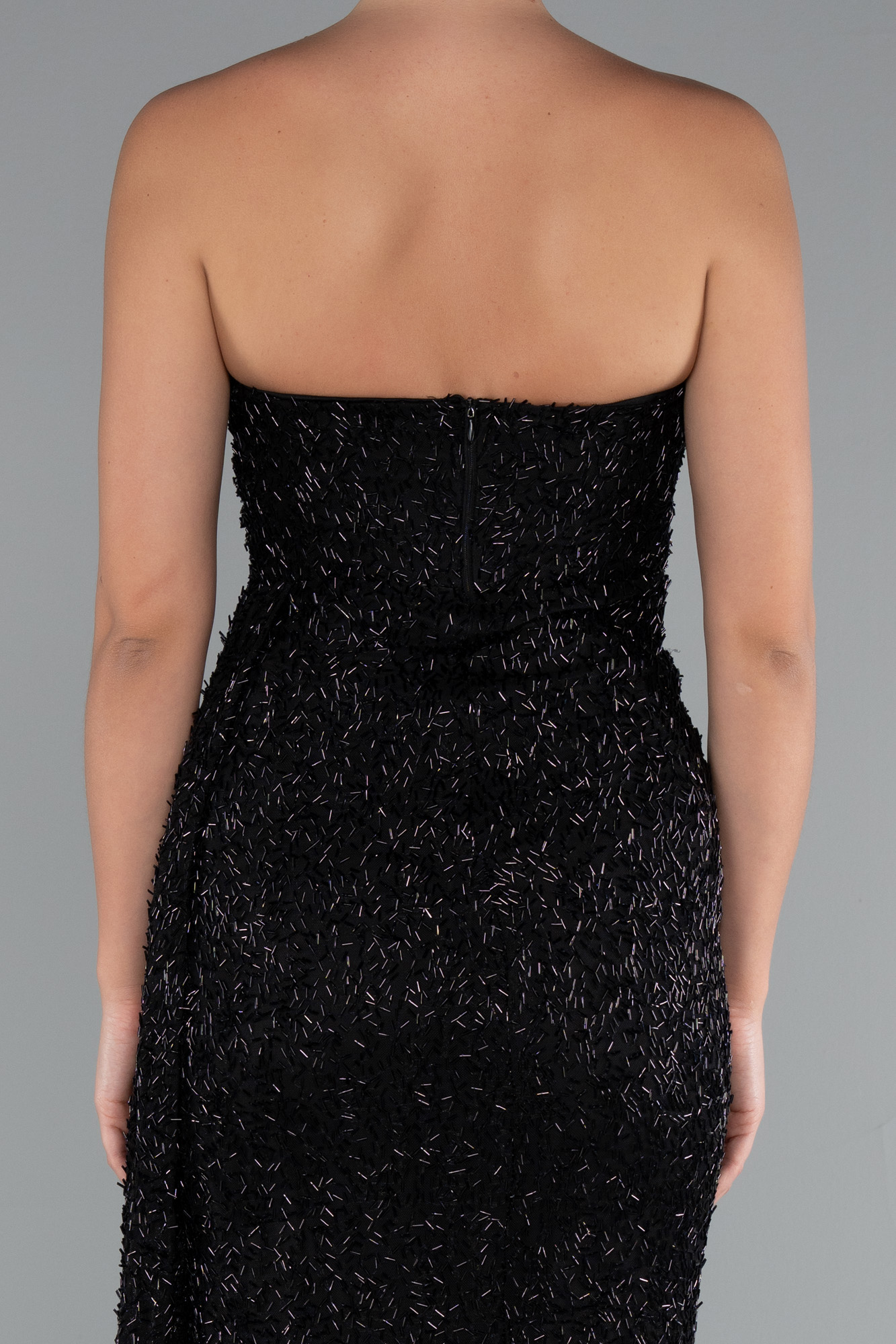 Siyah Straplez Yırtmaçlı Uzun Boncuklu Abiye ABU5062 - Görsel 4