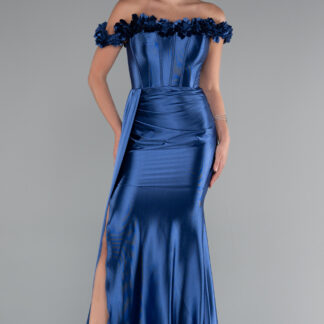 İndigo Çiçekli Kayık Yaka Balenli Uzun Saten Abiye ABU4903